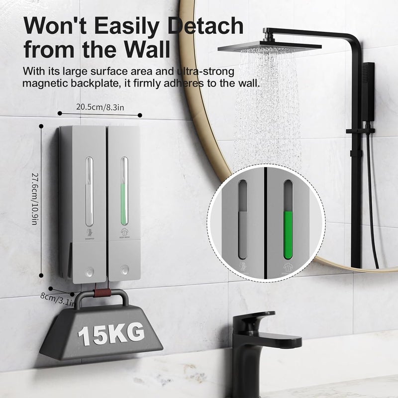 Aeakey Shampoo and Conditioner Dispenser 2-Chamber Wall-Mounted Shower Soap Dispenser, No-Drill Installation, 800ML Capacity, Ideal for Bathrooms and Hotels (Silver) - Image 5